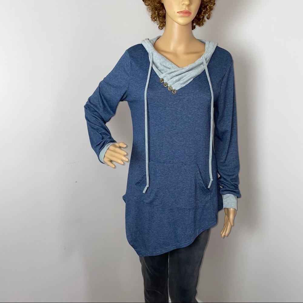 Miagooo Hooded Asymmetrical Hem Top – Blue & Gray, Size Medium